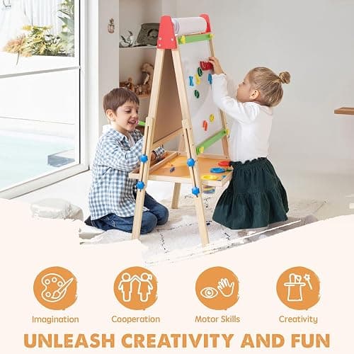 Tiny Land Easel for Kids with 2 Drawing Paper Roll, Adjustable Kids Art Easel, Learning-Toy for 3,4,5,6,7,8 Years Old Boy & Girls, Wooden Chalkboard & Magnetic Whiteboard & Painting Paper Stand thumbnail 4