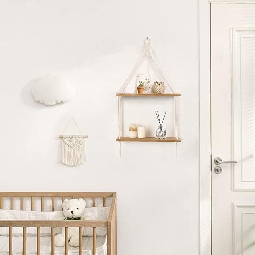 Mkono Macrame Hanging Shelf Boho Wall Decor 2 Tier Handmade Cotton Rope Rustic Wood Floating Shelves Display Photos Plants Hanging Storage Shelving for Living Room Nursery Bathroom Bedroom thumbnail 2