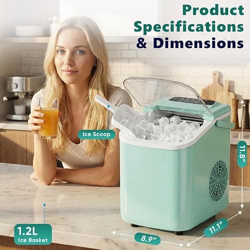Sweetcrispy Countertop Ice Maker with Scoop, Basket and Handle, Portable Ice Machine 9 Cubes Ready in 6 Mins, 26.5lbs in 24Hrs, 2 Sizes for Home Kitchen Office Bar Party thumbnail 5