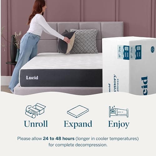 Lucid® 10" Medium Gel Memory Foam Mattress – Bamboo Charcoal & Cooling Gel – Fiberglass Free – Bed in a Box – CertiPUR-US® Certified – Queen Size thumbnail 9