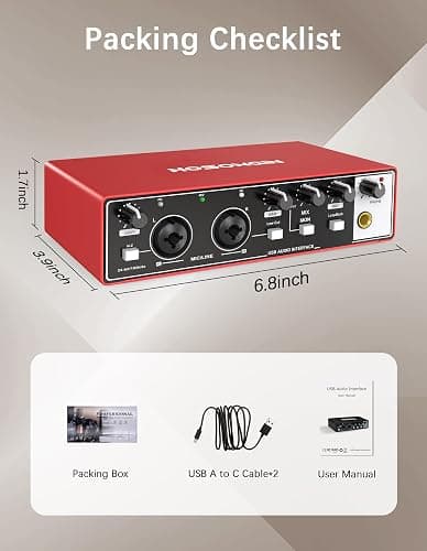 HOSONGIN USB Audio Interface for Beginners - 24Bit/192kHz, 48V Phantom Power, Plug & Play Recording for Podcast/Vocals/Guitar/Youtube, PC/Mac/iOS Compatible (New Red Metal) thumbnail 6