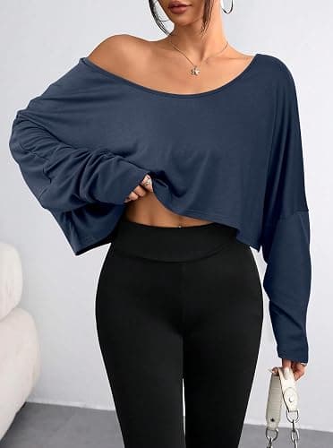 Hilinker Womens Off Shoulder Long Sleeve Crop Tops Sexy Boat Neck Loose Casual T Shirt thumbnail 4