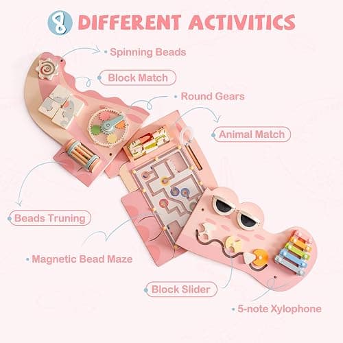 ROBOTIME Crocodile Busy Board Wall Panels for Toddlers, Pink Montessori Sensory Activity Board, Montessori Sensory Wall-Mounted Learning Center Toy for Kids Room, Educational Toys for Boys & Girls thumbnail 7