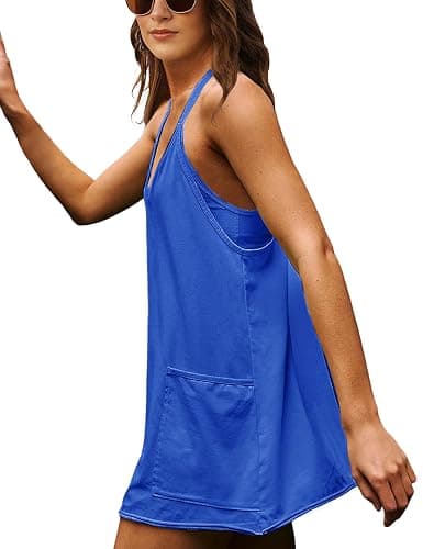 Zhiyouni Women's Summer Sleeveless Mini Dress V Neck Spaghetti Straps Athletic Built-in Shorts Sundress thumbnail 4