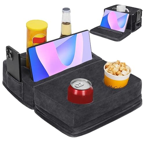 Couch Cup Holder Tray Pillow, Large Sofa Organizer Caddy with 6 Holes and Side Pocket Bed Refreshment Tray for iPad, Drinks, Remotes, Phones, Snacks, Removable & Washable (Grey) - Image 1