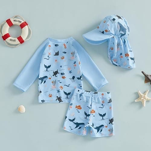 Hnyenmcko Toddler Baby Boys Swim Set Long Sleeve Rashguard Swimsuit Shirt Trunks Infant Bathing Suit Swimwear with Hat thumbnail 5