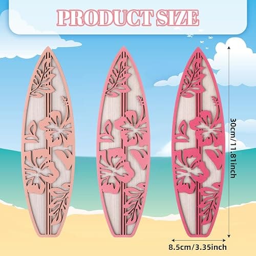 RattanView 3 Pieces Hibiscus Surfboard Decor for Bedroom Wooden Beach Wall Decor Summer Wood Surfboard Wall Hanging Sign for Tropical Living Room Decoration(Pink) thumbnail 3