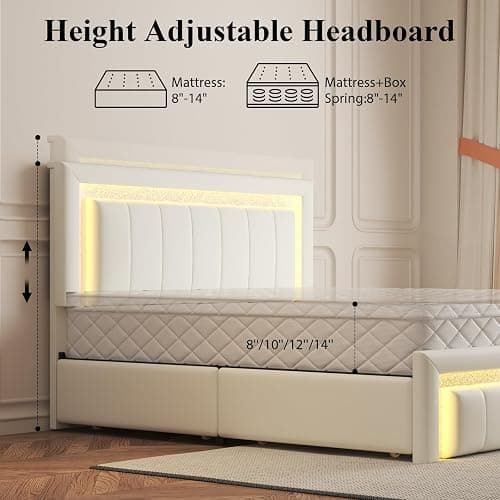Full Bed Frame with Charging Station, Storage Drawers, Upholstered White | Platform Bed with LED Lights, PU Leather, Adjustable Headboard, Heavy Duty Metal Slats, No Box Spring Needed, Noise-Free thumbnail 7