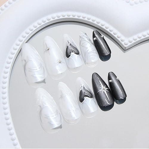 GlamRays 24 Stück Schwarze Katzenaugen Mandel-Falschnägel mit 3D-Kristall-Design, 3D-Nagelkunst, Aufkleber-Nägel,Luxus Wiederverwendbare Falschnägel thumbnail 4