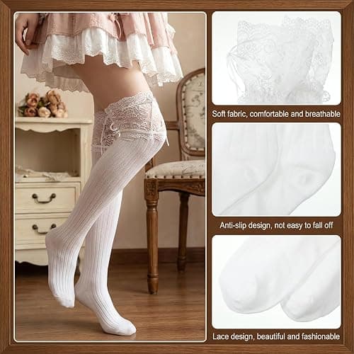 Zelphvt White Knee High Stockings, Lolita Socks with Bow Kawaii Ruffle Cute Lace Knee High Socks for Women Dating Dance thumbnail 3