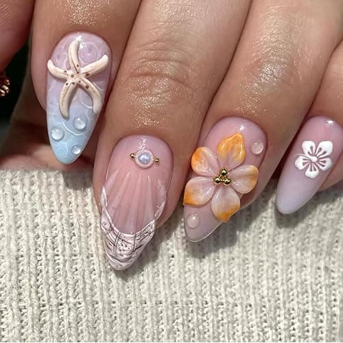 LPOODDNU 3D Embossed Flower Press on Nails - Almond Medium Fake Nails with Starfish&Pearl Designs, Glossy Finished Reusable False Nails with Adhesive Glue Tabs - 24Pcs Nail Kit for Women Manicure thumbnail 3