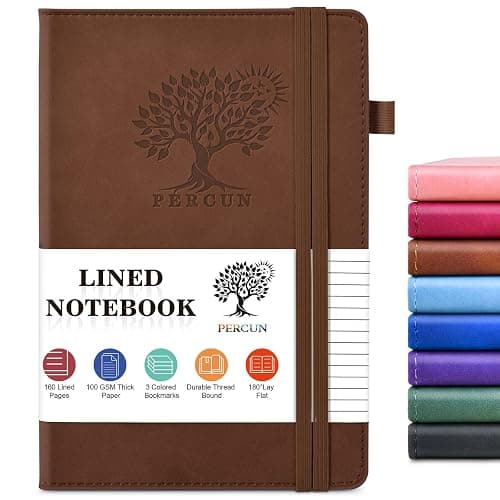 PERCUN Lined Journal Notebook for Men & Women, 160 Pages College Ruled Journal for Writing, A5 Hardcover Leather Notebooks for Work, School, Business, Travel, Daily Diary 5.9" x 8.5" (Brown) - Image 1
