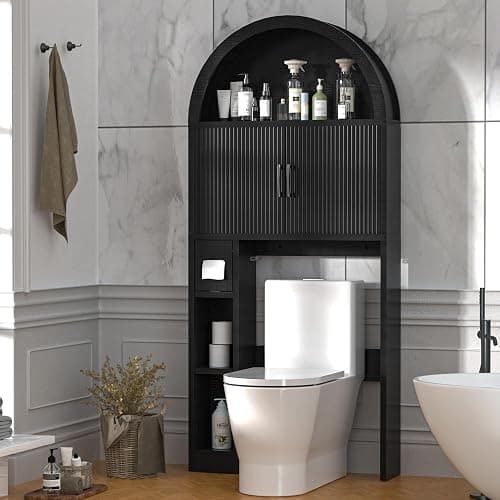 OUTGUAVA Over The Toilet Storage Cabinet, Bathroom Organizer Over Toilet, Arched Storage Organizer Cabinet with Anti-Tip Device and Adjustable Shelf for Washroom Laundry and Restroom, Black - Image 1