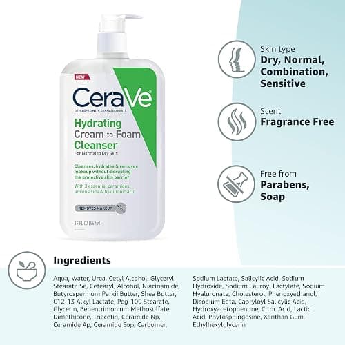 CeraVe Hydrating Cream To Foam Cleanser, Makeup Remover Face Wash For Dry Skin, Foaming Facial Cleanser With Hyaluronic Acid, Normal To Dry Skin, Fragrance Free & Non Comedogenic, 19 Fluid Ounce thumbnail 12