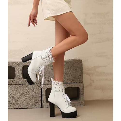 MEOTINA Goth Platform Boots Lace Buckle Gothic Cosplay Booties Chunky High Heels Ankle Boots Zipper Punk Shoes thumbnail 4