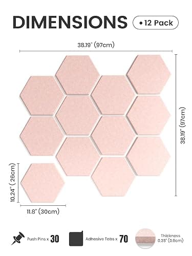 Fluxynara Hexagon Cork Board Alternative for Walls Decor-12-Pack Felt Bulletin Board Tiles,with 30 Pushpins,70 Adhesive Tabs for Office,Classrooms & Home Pin Board Felt Board-Pink thumbnail 2