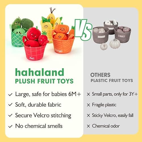 hahaland Baby Sensory Toys - 16 PCS My First Fruit Vegetable Color Sorting Play Food Crinkle, Rattle, Baby Toys 6-12 Months Montessori Toys for 1 Year Old Boy Girl Gifts 6 9 Month Old Toy One Year Old thumbnail 6