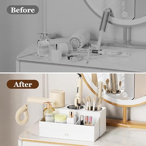 GFWARE Acrylic Hair Dryer Holder with Drawer, Bathroom Organizer Countertop Drawers with 3 Stainless Cups, Makeup Vanity Accessories, Hair Hot Tools Organizer, Toiletry, White thumbnail 7