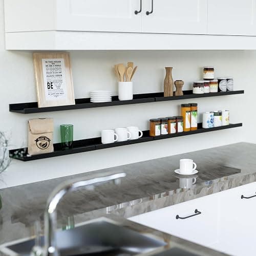 RICHER HOUSE 8-Set Floating Shelves with Lip, Black Wall Mounted Wood Shelf | Display Picture Ledge Shelf, Anti-drop lip Shelf for Room Wall Decor, Bedroom Bathroom Storage Nursery Hanging Book Shelves thumbnail 5