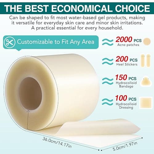 Hydrocolloid Roll for Wound Care, (2in*11.8ft) Hydrocolloid Bandages, Cut-to-Size, Medical Grade Hydrocolloid Roll with Self-Adhesive, Ultra Absorbent, Flexible & Waterproof, First Aid Kit Essential thumbnail 2