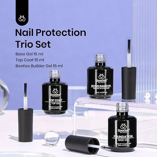 Beetles 3Pcs 15ml Builder Nails Gel with No Wipe Top Coat and Base Coat Set, Nail Extension Strengthening Nail for UV LED Lamp, Soak Off Gel Nail Polish for Nail Art thumbnail 2