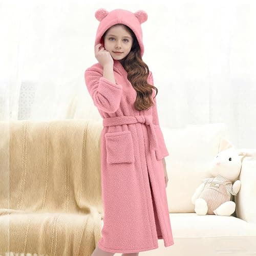 Saxrel Girls Cute Ear Hooded Bathrobe Fleece Dressing Gown – Kids' Home Bath Robe with Waistband Soft Plush Thickened Nightgown Velvet Sleepwear with Pockets 5-14 Years thumbnail 2