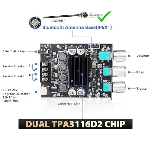 100W+100W Amplifier Board with Treble and Bass Control, DC 9-24V, BT and AUX Inputs, 2.0 Channel Stereo AMP Board for DIY Wireless Speakers, Password Free (ZK-1002T) - ZK-1002T thumbnail 2
