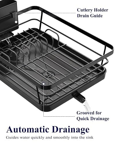 Kitsure Dish Drying Rack for Kitchen Counter, Stainless Steel Sink Organization and Storage Essentials with Cutlery Holder, Home and Appartment Decor, 12''W x 15.5''L, Black thumbnail 4