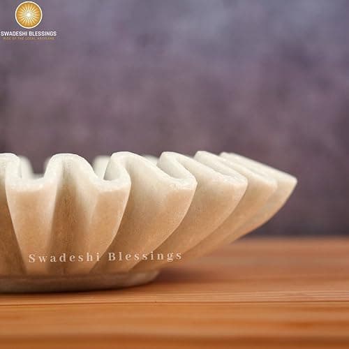 SWADESHI BLESSINGS HandCrafted Marble Ruffle Bowl/Antique Scallop Bowl/Fruit Bowl/Vintage Ring Dish/Decorative Flower Dish/HouseWarming Gift/Wedding Gifts/Urli (8 Inches) thumbnail 9