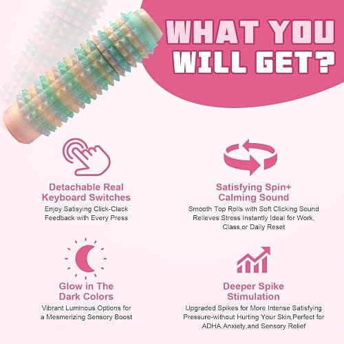Little Ouchies Spiky Fidget Keychain, Pain Stim Sensory Toy for Adults | 3-in-1 Spinner, Clicker & Roller, Glow in The Dark, Stress & Anxiety Relief, Ideal for Friends & Family(Rainbow) thumbnail 5