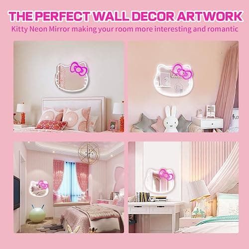 MCJSGSP Anime Hello Kit Mirror with Light Neon Signs for Wall Decor, Teen Girl Gift，Makeup Mirror neon Sign Room Decor (14.6 * 12.2 inch) thumbnail 6