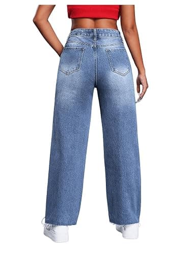SweatyRocks Women's High Waist Ripped Distressed Cropped Jeans Straight Leg Denim Pants thumbnail 2