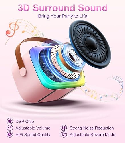 TiMOVO Mini Karaoke Machine, Portable Bluetooth Speaker with 2 Wireless Microphones and LED Lights, Birthday Gifts for Family Home Party, Pink thumbnail 3