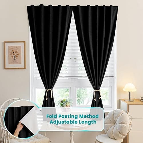 Sovtfides 100% Blackout Magic Tape Stick On Curtains Window Shades Pull Down Blackout Window Cover No Drillng Self Adhesive Curtains No Rod Small Windows, W35 x L60 inch, 1 Panel, Black thumbnail 7