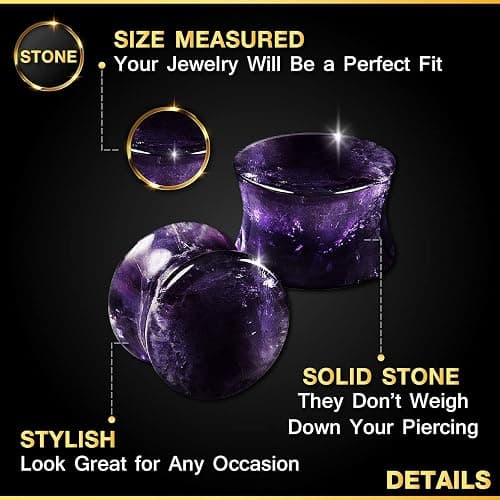 BanaVega Organic Stone Amethyst Double Flared Saddle Ear Gauge Double Flare plugs Stretcher Lobe Earring Piercing Jewelry Choose Sizes thumbnail 3
