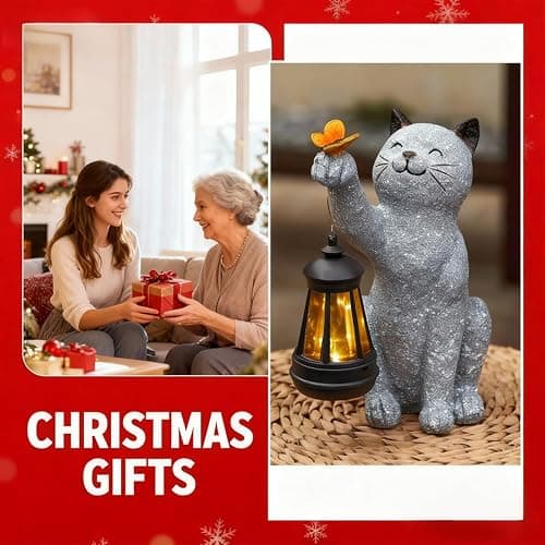 Elegondrar Solar Cat Garden Statue Outdoor Decor, Cat Sculpture with Lantern and Butterfly for Yard Lawn Patio Balcony, Christmas, Birthday Housewarming Gifts for Mom, Grandma, Women, 9.4 inch, Resin thumbnail 6
