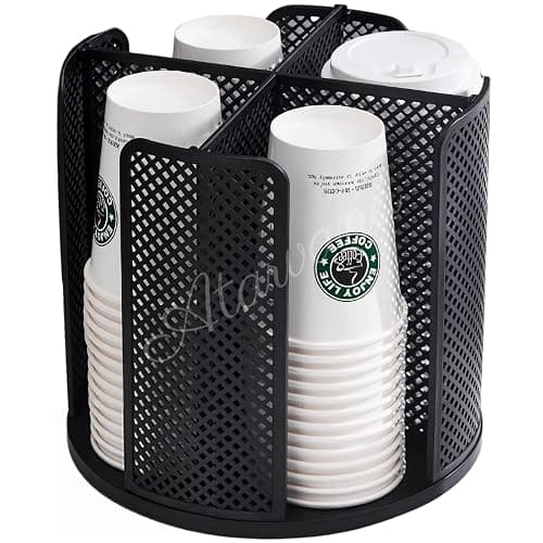 Rotatable Coffee Cup Dispenser with 4 Compartments, Atavarna Cups and Lids Holder for 5-16oz Cups Organizer for Restaurant, Coffee Station, Bar, Office, Home-9.25" x 9.25" x 8.66" - Black - Image 1