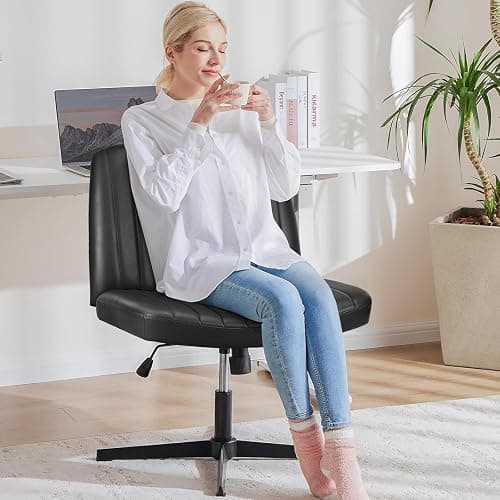 OLIXIS Criss Cross Legged Chairs Armless No Wheels Wide Seat Height Adjustable Swivel Padded PU Leather Home Office Desk Seating for Bedroom, Student, Study Room thumbnail 8