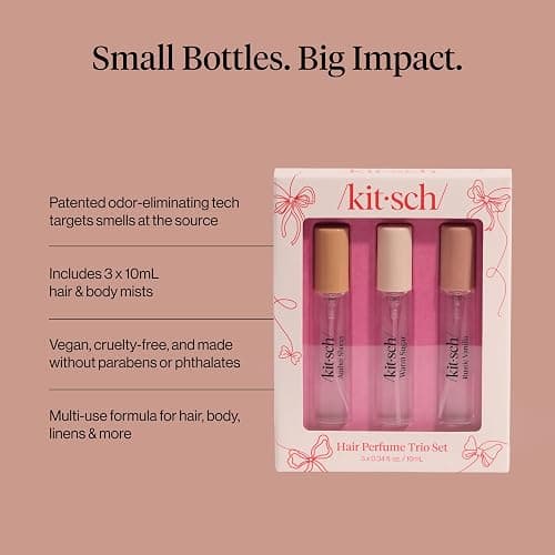 Kitsch Hair Perfume for Women - Trio Set | Clean, Deodorizing & Patented Odor-Eliminating Technology Hair Spray & Body Mist - Freshen Hair, Pillows - Amber Shores, Warm Sugar, Rustic Vanilla, 3x10mL thumbnail 6
