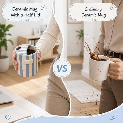 KOIMYSA Ceramic Coffee Mug with Sip Hole 12oz, To Go Ceramic Mug Striped | Hand Painted Espresso Cups Ceramic for Iced Coffee Tea Latte Matcha, Kitchen Dining Travel, Light Blue thumbnail 7