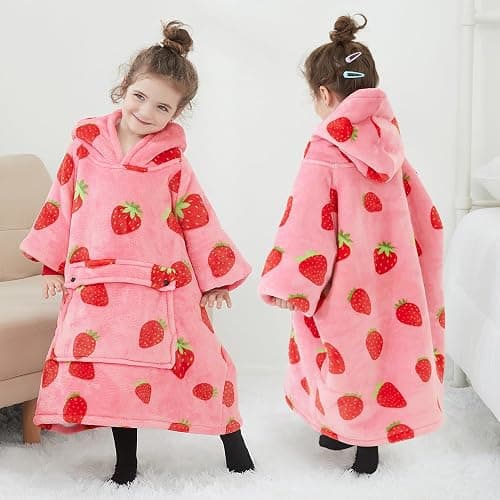KFUBUO Wearable Blanket Hoodie for Kids Toddlers Sherpa Blanket Sweatshirt With Pocket Cute Hoodies 2-6 Year Old Girl Birthday Gifts Strawberry thumbnail 2