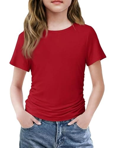 Arshiner Girls Shirts Side Ruched Short Sleeve Crewneck Fitted Tops Casual Summer Soft Tee Clothes 5-12 Years - Image 1