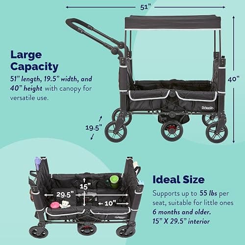 Kolcraft 2-Kid Stroller Wagon, Zero-Turn 360° Steering, Lightweight 27 lb Foldable Wagon Stroller with Push/Pull Handle, 110 lb Capacity, UPF 50+ Canopy, All-Terrain EVA Wheels, 5-Point Harnesses thumbnail 2