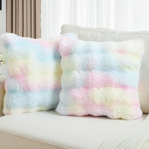 FUTEI Rainbow Decorative Throw Pillow Covers 18x18 Inch Set of 2,Soft Fuzzy Faux Rabbit Fur Cushion Covers with Raised Texture,Neutral Boho Home Decor for Couch Bed Living Room - Image 1