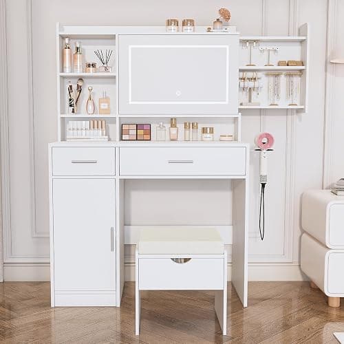 Viaozutis Vanity Desk with Mirror and Lights, with Hidden Shelves,4 Compartments,2 Drawers,Cabinet & Stool,Dimmable LED Lights,Power Outlets, Ideal for Bedroom Vanity Organization(White) thumbnail 6