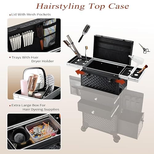 Joligrace Cosmetology Case on Wheels, Rolling Makeup Case for Hairstylists & Makeup Artists， Lockable Professional Make up Case Salon Trolley Cart with Hairdryer Holder for Salon/Barber/Travel, Black thumbnail 3