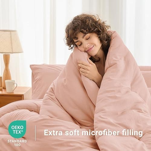MUXHOMO Queen Comforter Set 7 Pieces, Soft Bed in a Bag, Rose Gold | All Season Queen Size Bedding Set with Comforter, Flat & Fitted Sheets, Pillowcases & Shams, OEKO-TEX Down Alternative Fill thumbnail 3