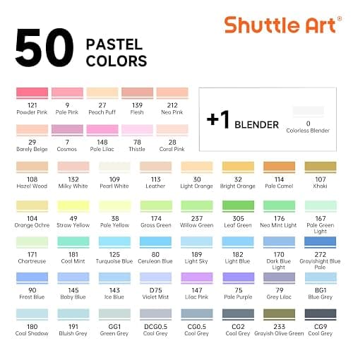 Shuttle Art Pastel Alcohol Markers Brush tip, Dual Tip Brush & Chisel Tip Art Marker Set, 50 Colors plus 1 Blender Marker Pens with Case Perfect for Illustration Students Adults Coloring Sketching thumbnail 2