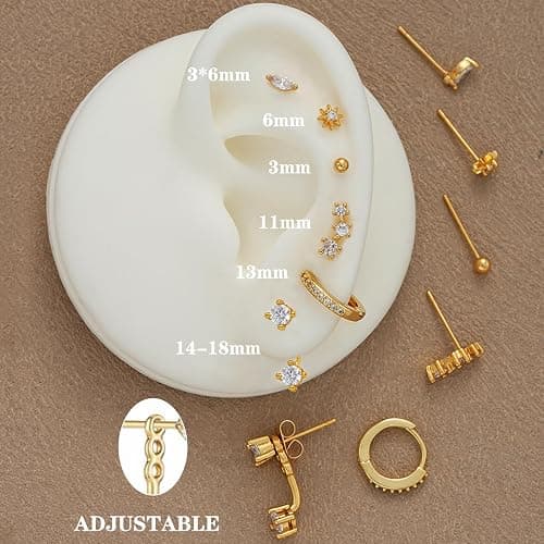 6 Pairs 14K Gold Plated Stud Earrings for Women, Hypoallergenic Cartilage Earrings for Multiple Piercing, Dainty Small Stackable Earrings Jewelry Set thumbnail 6