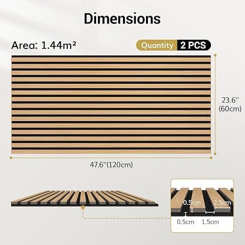 TONOR Wooden Acoustic Wall Panels, 2 Pack 120 x 60 cm (1,44m²) Wood Panels for Walls as Sound Proofing Panels, Slat Wood Panelling for Decorative Wall Panels, Living Room, Bedroom, Office, Natural Oak thumbnail 4